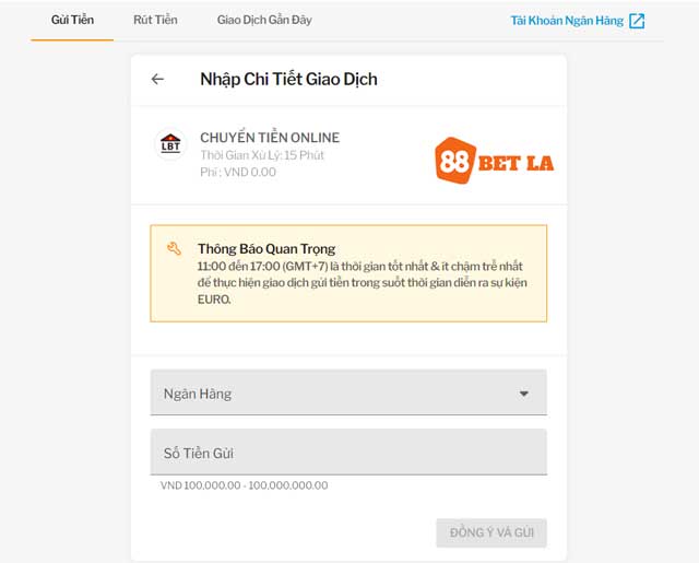 Các bước nạp tiền 88Bet qua chuyển tiền online dễ dàng